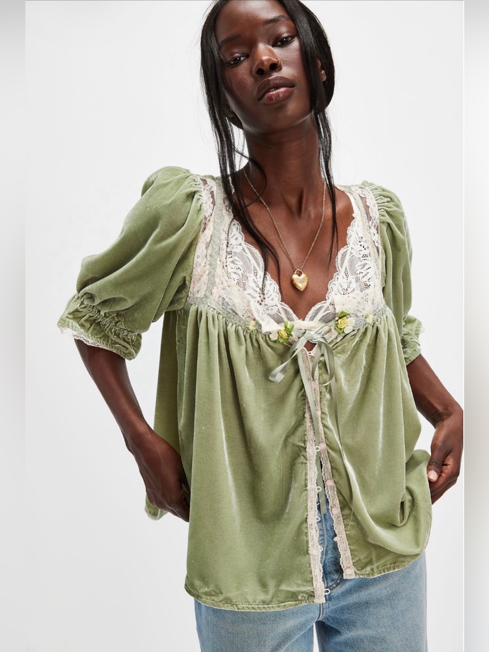 Free People Green Prairie Peasant Blouse with Lace Trim